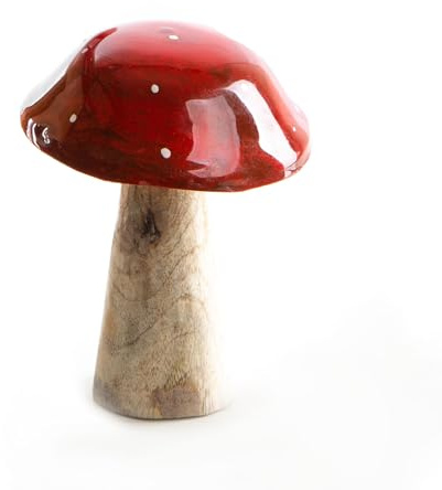 Logbuch-Verlag Figura decorativa seta cerámica y madera natural en tonos rojos y blancos 13 cm - decoración otoñal seta decoración jardín