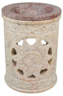 NKlaus Bruciatore d'incenso in pietra ollare beige Ø 7,5cm altezza 11cm motivo sole tealight scalda incenso con ciotola 15714