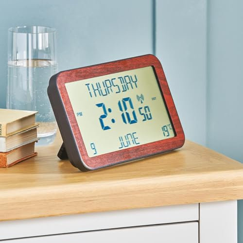 Easy To Read Radio Controlled Calendar Clock – 12.5 x 20 x 2cm Battery Powered Freestanding or Wall Hanging Multi-Language Clock – Accurately Displays Time, Day, Date, Month & Temperature – Wood Grain