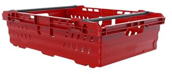 AUTORCE Stacking Nesting Crate Ventilated With Bale Arm Plastic Box, Durable Foldable Stackable Crate Supermarket Storage Box (40 Litre - 400x600x170mm - Red)