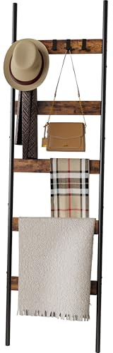 Blanket Ladder, 5-Tier Towel Holder with 4 Removable Hooks, Farmhouse Wall Leaning Decorative Rack Shelf, Wooden Towel Display Rack, Quilt Ladder for Living Room, Bedroom, Rustic Brown