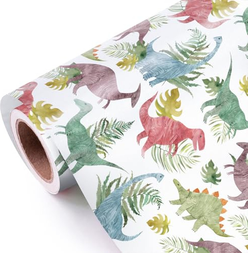 WRAPAHOLIC Omslagspapper rulle – minirulle – 17 tum x 9,8 fot – dinosaurier och växtdesign, perfekt för födelsedag, baby shower, fest, semester