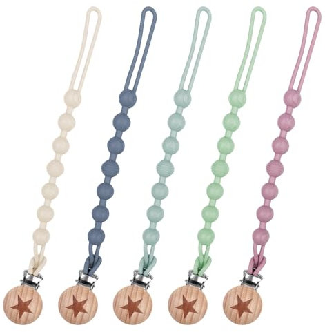 Maxentico 5 Piezas Chupetero de Silicona, Cadena Chupete Bebe, Porta Chupetes, Chupeteros para Bebes, Cuerda Prendedor Cuelga Chupete de Seguridad Chupete, Vaso, Mordedor o Juguete, 5 Colour