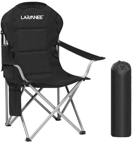 LARMNEE Silla de Camping, Silla de Pesca Plegable, Silla de Exterior con Portabotellas y Bolsillo Lateral, Apta para Camping, Playa, Negro EBK01LC02
