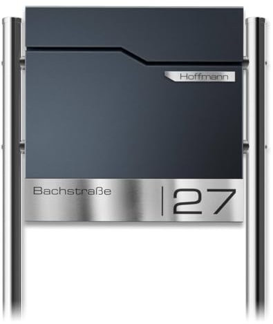 Metzler Boîte aux Lettres sur Pied Design Thobe en Anthracite RAL 7016 – avec Plaque Nominative INOX V2A gravée – Compartiment journaux Inclus – 37 × 37 × 10,5 cm