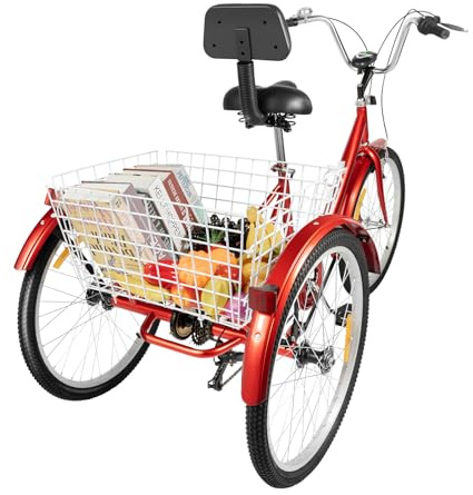 FENGLY Triciclo per adulti 24 pollici, pieghevole, 3 ruote, 7 marce, per adulti, triciciclo, bici da crociera con luce a LED, porta bicchieri, per viaggi all'aperto (rosso)