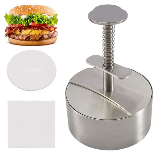 AXVRAV Pressa per hamburger in acciaio inox 304, 10 cm, regolabile Hamburger Patty Maker con 150 pezzi di carta hamburger, accessori per carne di manzo, verdure, carne, barbecue, barbecue per feste