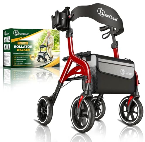 BeneCane Andador Plegable y Ligero Outdoor como Ayuda para Caminar y Levantarse, Andador de Viaje Regulable en Altura con Asiento, para Personas Mayores con Bolsa y Correa para la Espalda