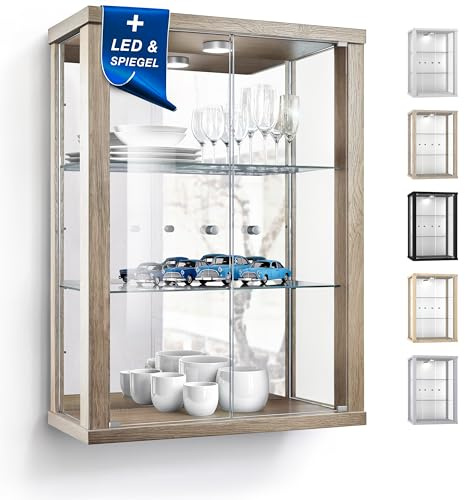 K-Möbel vägghängd vitrinskåp i Sonoma ek (80x60x25 cm) med 2 justerbara glashyllor, spegel & LED - modellbilvitrin Sonoma ek - vitrinskåp - samlarvitrin - glasvitrin