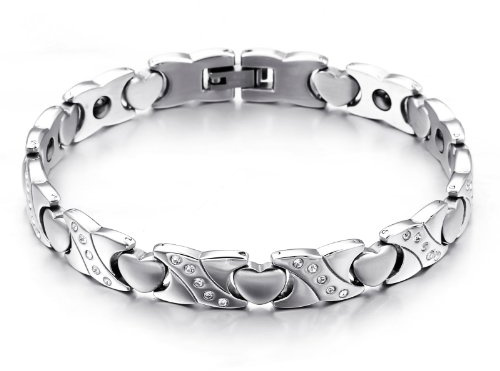 JewelryWe Smycken magnet terapi boll pärla pärlor rostfritt stål armband länk handledskedja silver dam, 22 cm, rostfritt stål, zirkon