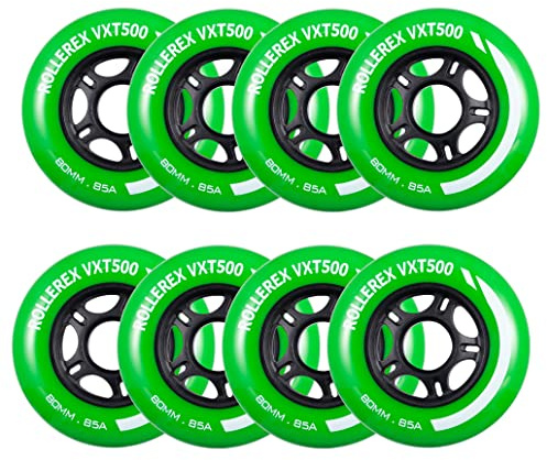 Rollerex VXT500 Inline Skate Wheels 8-Pack - 85A Durable Roller Blade Wheels for Indoor & Outdoor Skating - Fits Standard 608 Bearings (Turf Green, 80mm)
