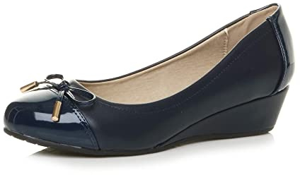 AJVANI Low mid Heel Wedge Bow smart Dolly Ballerina Court Shoes Size 6 39 Navy