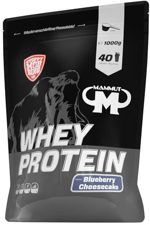 Mammut Nutrition Whey Protein Pulver Blueberry Cheesecake – 1kg – 27g Protein pro Portion – Eiweißpulver mit hohem BCAA-Anteil – Perfekte Löslichkeit in Wasser & Milch – Ideale Zwischenmahlzeit