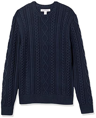 Amazon Essentials Men's Long-Sleeve 100% Cotton Fisherman Cable Crewneck Sweater, Navy, Medium