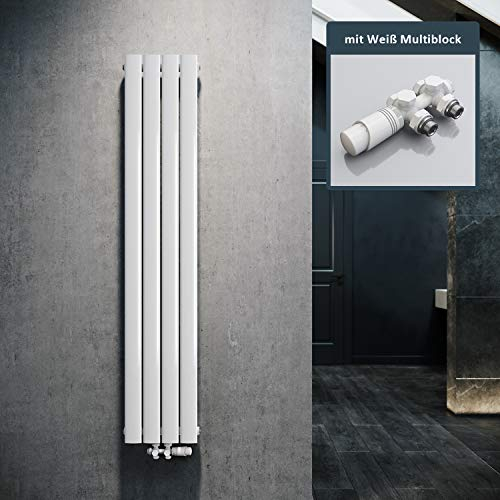 ELEGANT Radiateur au design plat vertical, blanc, 1600 x 308 mm, avec multibloc blanc, thermostat, monocouche, raccord central