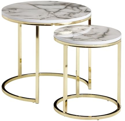 Wohnling Design Beistelltisch 2er Set Weiß Marmor Optik Rund, Couchtisch 2 teilig Tischgestell Metall Gold, Kleine Wohnzimmertische, Moderne Satztische