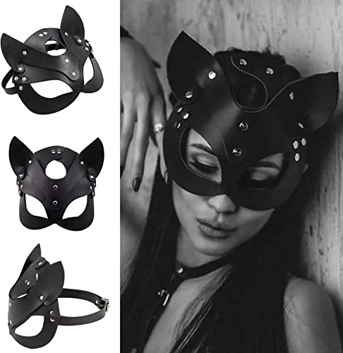 SINSEN Maschera sexy da donna in pelle da gatto, maschera per occhi a metà viso, accessorio per cosplay, feste di Halloween, feste in maschera, martedì grasso, carnevale, (nero)