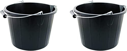 JMS we create smile 14L Litre Strong Plastic Round Bucket 3 Gallon Storage Construction Bucket With Metal Handle & Spout For Cleaning Animal Feed Mixing Home & Garden (Made in UK) (Black)
