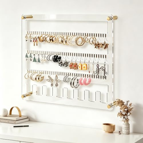humberboat Earring Holder Organizer, 4 Layer Wall Mounted Ear Stud Display Storage, Acrylic Large Capacity Jewelry Organizer Earring Display and Storage for Studs, Dangling, Necklace