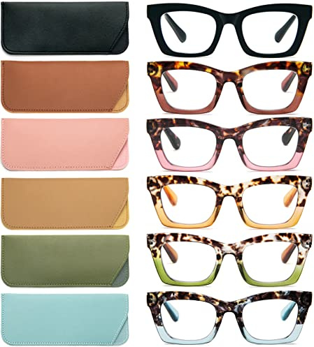 REAVEE 6 Pack Reading Glasses for Women Blue Light Blocking Cute Square Computer Readers with Spring Hinge 2.5