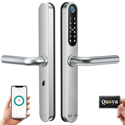 QUOYA D1 Smart Türschloss, 75° Max Drehwinkel, IP55 Wasserdicht, Entriegelungsmethode (Fingerabdruck, RFID-Tastenkarte, Pin/Passcode, App, Mechanischer Schlüssel) (Silver)