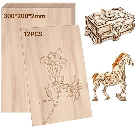 RUNYU 12 Pièces Contreplaqué 300×200×2mm Panneau Bois A4 Planche de Bois Contreplaqué non Fini, Plaque de Tilleul Feuilles de Bois pour Modélisme, DIY Fait Main, Peinture