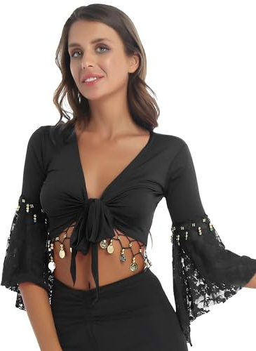 CHICTRY Femme Haut de Danse Latine Orientale Châle Danse du Ventre Costume Danse de Salon Boléro de Soirée Cocktail Mariage Cape Cardigan Danse Ballet Dancewear L-3XL A Noir L