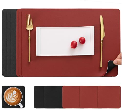 Myir JUN Tischsets Abwaschbar und Untersetzer, Platzset Leder Platzdeckchen Abwaschbar Doppelseitigen Tischsets Umkehrbares Tischset rutschfest Tischset Lederoptik (Rot Schwarz, Satz von 6)
