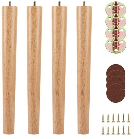 VIDETOL Confezione da 4 gambe per tavolo rotonde in legno, piedini per mobili in legno 40 cm con piastre di montaggio, gommini e viti, piedini in legno per mobili, divano, letto