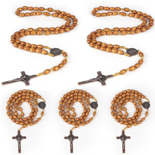 SWAWIS 5 Stück Rosenkranz Katholisch Rosenkranz Halskette Gebetskette Kreuz Rosenkranz Kette Naturholz Rosenkranz Kommunion für Katholische Christen Religiöse Kommunion, Taufe, Messe, Bibel