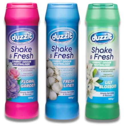 Shake & Fresh, deodorante per tappeti e neutralizzatore di odori, set di 3 fragranze assortite (lino fresco, fiori di giglio, giardino floreale), 500 g ciascuno, deodorante per tappeti in polvere