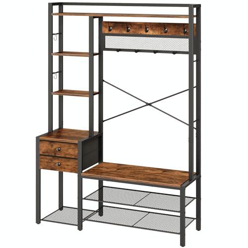 HOOBRO Garderobenständer mit Schuhbank, Schuhregal mit Garderobe, Eingangsmöbel mit Haken und Schubladen aus Vliesstoff, Garderobe mit Sitzbank, für Wohnzimmer, Flur, Vintagebraun EBF73MT01