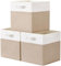 SOCOHOME Aufbewahrungsbox Stoff,33x38x33cm Korb,Flache Stoff-Aufbewahrungskörbe für Kallax Kleiderkörbe,Truhen,Spielzeug,Regal(Helles Khaki/Weiß, 3 Pack)