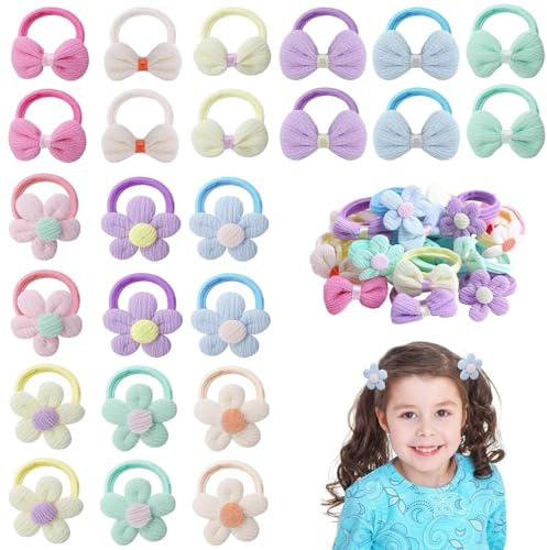 FUYTSUO 24 Piezas Unidades Gomas Pelo Niña, Coleteros pelo Niña, Gomas Pelo Bebe Adecuado para Que los Niños Pequeños se Aten el Pelo Como Decoración, con Diseño de Flores y Lazos, Suave y Cómodo