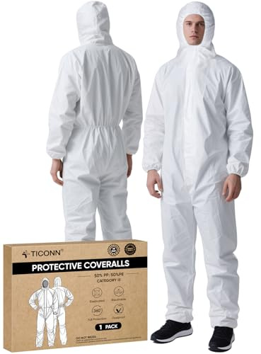 TICONN Hazmat Suit Disposable Coveralls, 5 Size Options, Full Body Protective Lab Coveralls with Hood, Breathable Paint Suit PPE for Men Women, Industrial Use (L, 1PK)