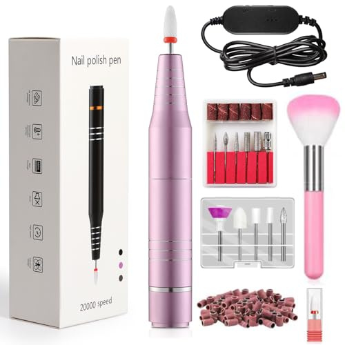 QPVZX Electric Nail Drill for Acrylic and Gel Nails, 20000 RPM Portable E File Machine, Low Vibration Quiet Nail Drill Machine with 11 Bits and Sanding Bands, USB Powered for Manicure Pedicure, Pink