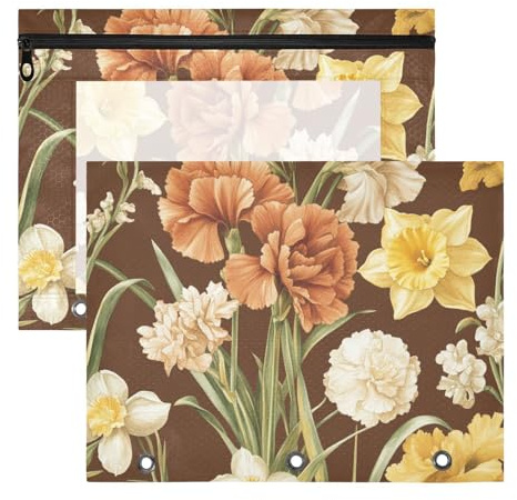 FRODOTGV Summer Flowers Gladiolus Brown Binder Pouches with Smooth Zippers 3 Hole Pocket for A4 Paper Letter 2 Pack Teacher Class Supplies