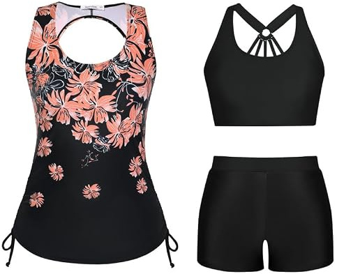 JASAMBAC Set Tankini da donna in 3 pezzi, top bikini push-up e pantaloncini da bagno a vita alta, costume da bagno semplice, costume da bagno sportivo, costume da bagno per spiaggia, piscina, Delicati