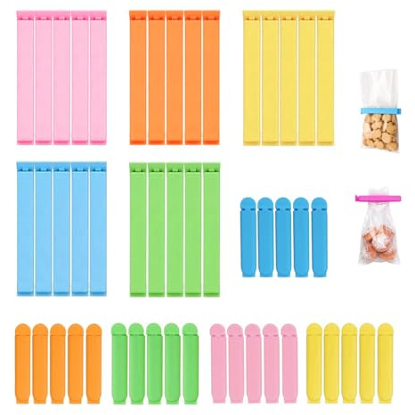 Lote de 40 Pinzas Cierre Bolsas 7 y 11 cm Reutilizables Clips Alimentos Herméticos PP 5 Colores Cocina Nevera Snacks Pan Conservación
