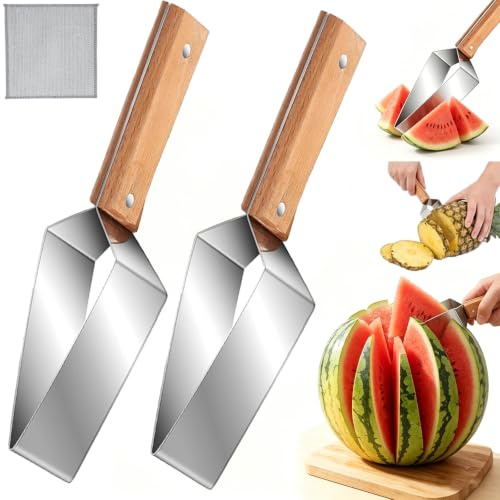 2 Piezas Cortador Sandía Acero Inoxidable,Herramienta para Cortar Sandía con Mango Madera,cortador multifuncional de frutas,Herramienta Cortadora En Forma De Rombo Para SandíA,MelóN Y Otras Frutas