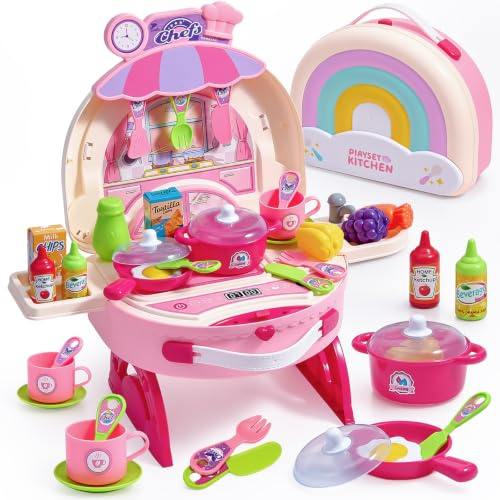 Kids Kitchen Playset Play Kitchen Toys Accessories with Portable Suitcase