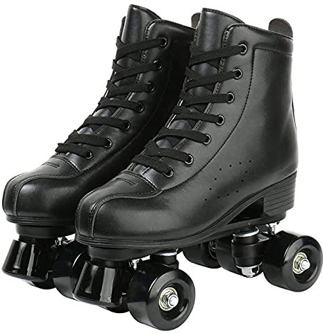Damen Roller Skates, Retro Roller Skates für Kinder, Jugendliche und Erwachsene, High-Top PU Leder Zweireihige Rollerskater, Rolschuhe für Anfänger, Indoor Outdoor Rollschuhe,Schwarz,43