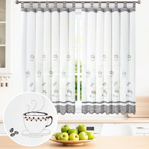 BOD HOME, 2 Piezas, Cortinas Blancas Translúcidas con Trabillas. Cortinas para Cocina, Diseños de Frutas y Tazas con Acabado de Color. Cortina Media Altura Hecha de Poliéster, 100x150cm (AnchoxAlto)