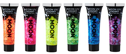 Moon Glow Gel con brillo grueso para rostro y cuerpo UV Neon, 12 ml, juego de 6 Amarillo