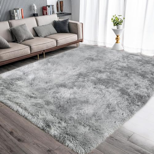 ASIinnsy Hochflor Teppich Wohnzimmer Flauschig Shaggy Weich Modern Grau Teppich Schlafzimmer Kinderzimmer Deko Langflor Teppiche Groß rutschfest Plüsch-Teppiche (Grau Weiß, 200 x 250 cm)