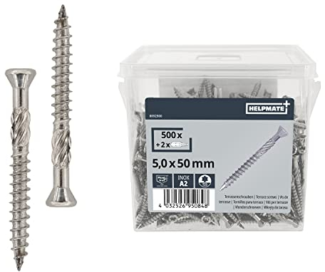 HELPMATE - Vis pour terrasse 5x50 acier inoxydable A2-500 vis pour planches + 2 embouts T25 - Vis pour l'extérieur (construction de terrasses & en bois de construction, abris de jardin etc.)