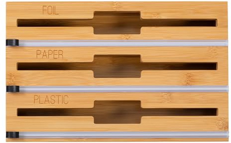 Honey Can Do 3-In-1 Bamboo Food Wrap Organizer With Safety Cutter | Plastic, Wax, Paper and Foil Holder KCH-09858 Natural