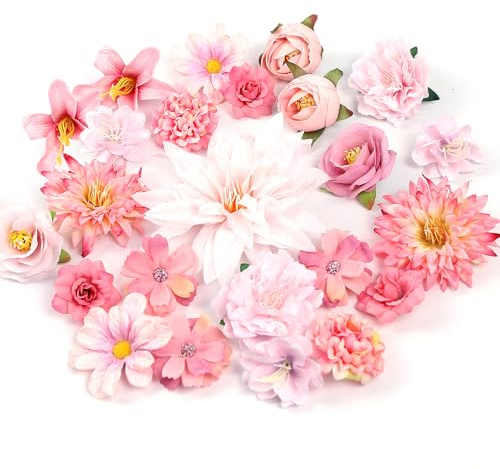 LARDUX 24 Stücke Kunstblumen zum Basteln,Kunstblumen Köpfe Rosa,künstliche blumenköpfe klein Blüten Seidenblumen Köpfe Mix für DIY Basteln Scrapbooking Hochzeit Party Home Handwerk Deko-Rosa