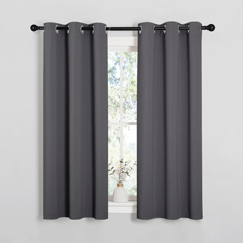 PONY DANCE Short Grey Blackout Curtains With Eyelet for Bedroom, Thermal Room Darkening Privacy Curtains & Drapes for Nursery Kids，Soundsproof Light Blocking Drapes, W 34 x L 54, 2 Panels, Gray