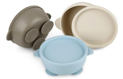 PandaEar 3 Stück Breischale Baby schüssel mit Saugnapf und Deckel für Kinder Kleinkinder Säuglinge - Auslaufsicher Silikon Kinderschüssel Babygeschirr - Weich Sicher BPA-frei (Blau Bräune)